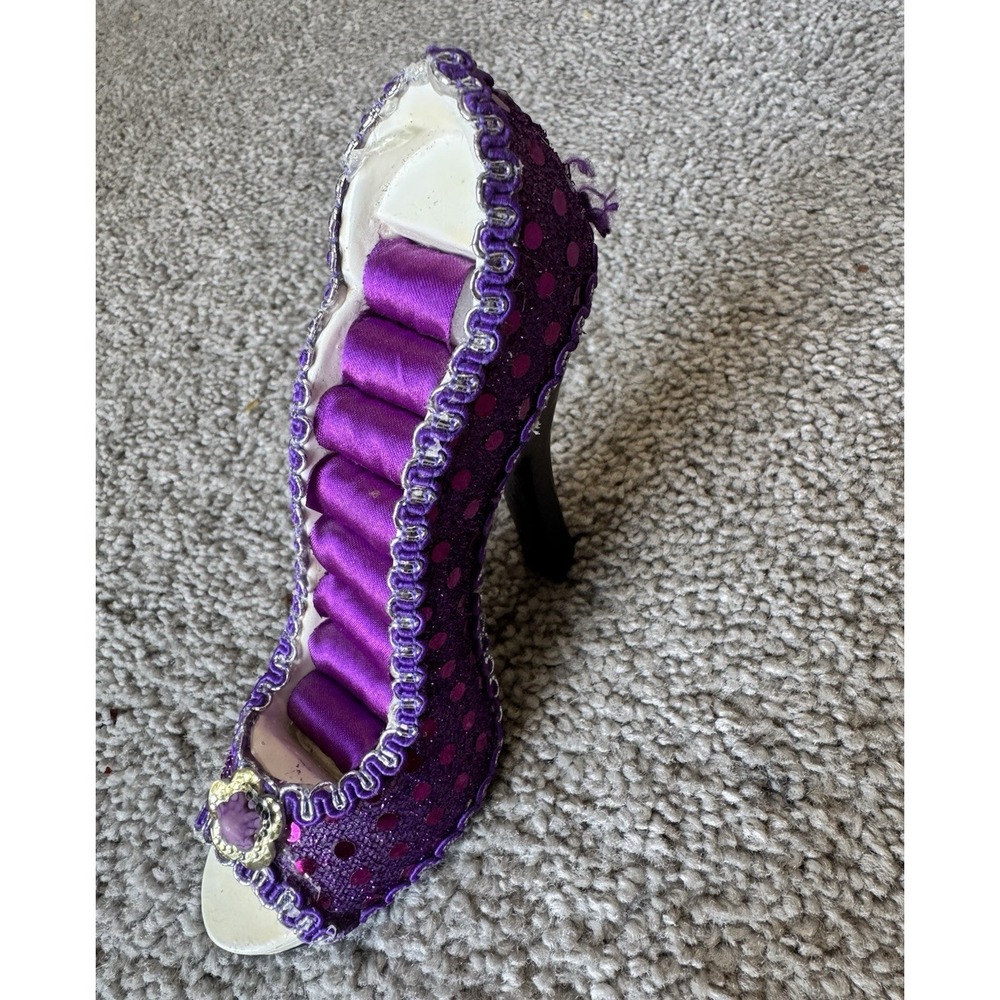 Purple High Heel Shoe Ring Holder Figurine Resin Polka Dot Fashion Decor